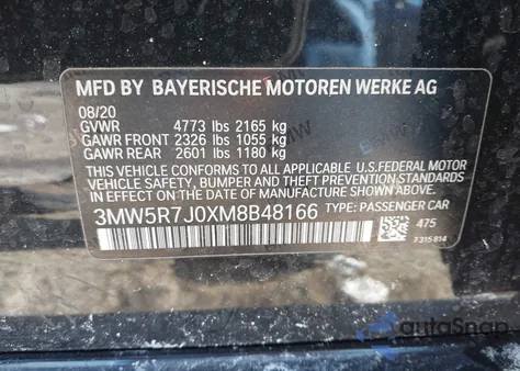 2021 BMW 330I xDrive z USA, uszkodzony, nr VIN 3MW5R7J0XM8B48166
